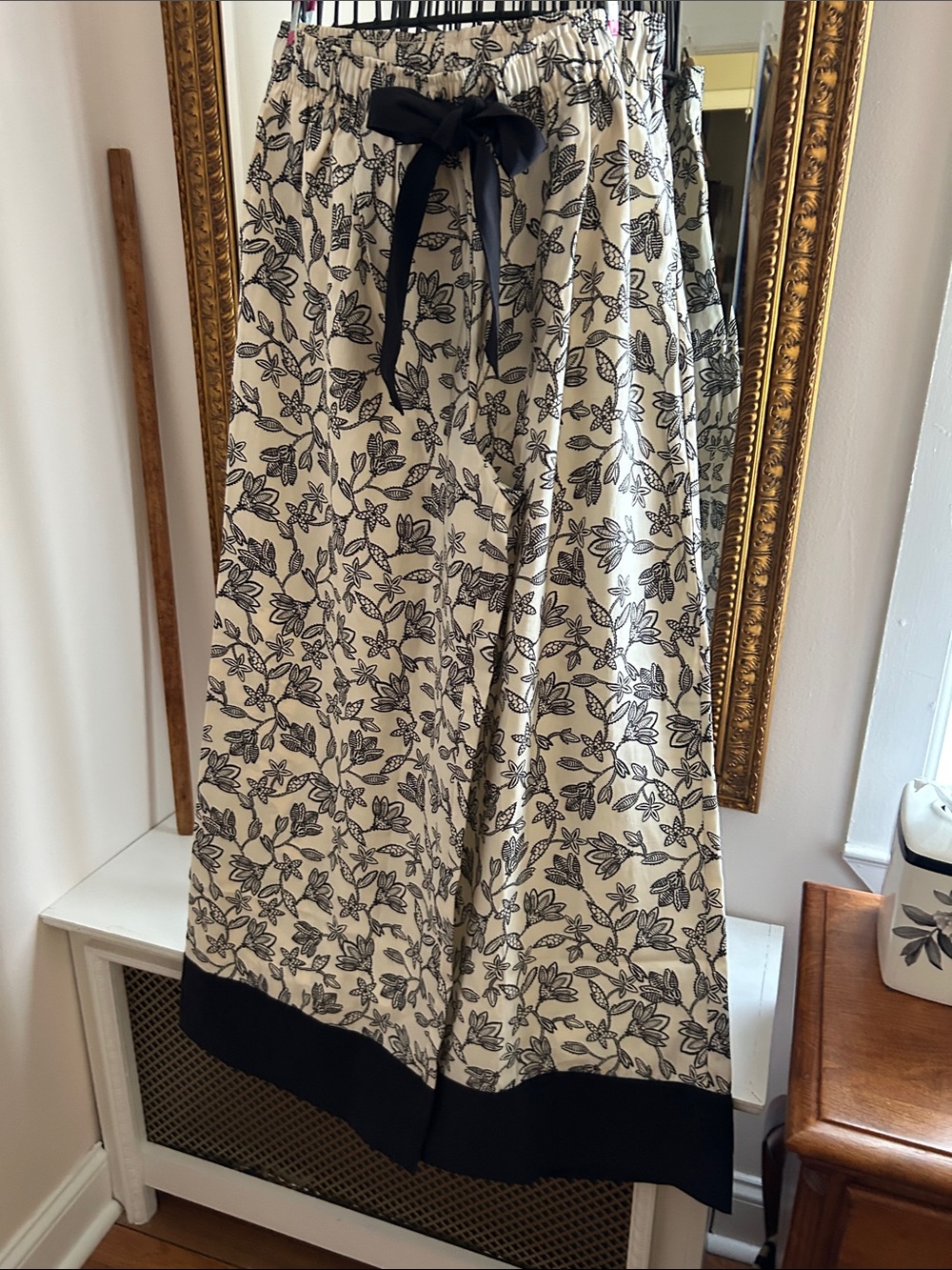 H&M Cream Wide Leg Pants with Black Floral Print